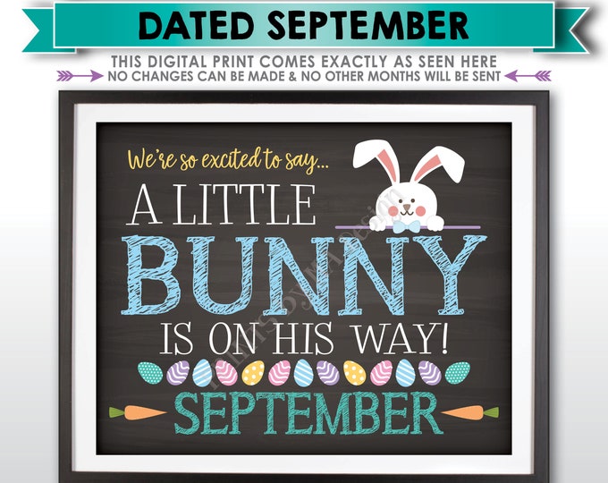 Easter Pregnancy Announcement Gender Reveal, Excited A Little Bunny Boy is on the Way in SEPTEMBER dated PRINTABLE Chalkboard Style Sign<ID>