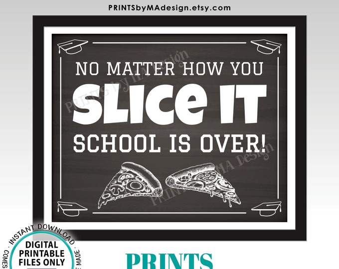 Graduation Party Pizza Sign, No Matter How You Slice it School is Over, PRINTABLE 8x10/16x20” Chalkboard Style Grad Party Food Sign <ID>