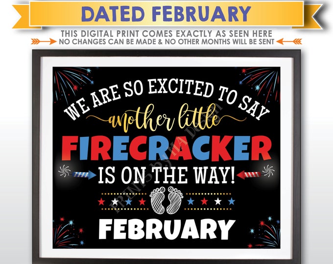 4th of July Pregnancy Announcement, Another Little Firecracker is On the Way, FEBRUARY Dated PRINTABLE 8x10/16x20" Baby Reveal Sign <ID>