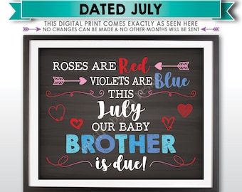 Valentine's Day Pregnancy Announcement Gender Reveal Sign, Boy, Our Baby Brother is Due in JULY Dated Chalkboard Style PRINTABLE Sign <ID>