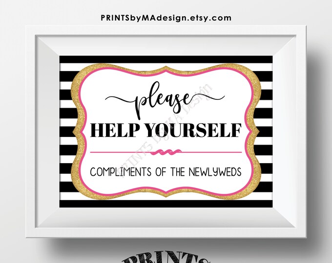 Please Help Yourself - Compliments of the Newlyweds, Restroom/Bathroom Basket Sign, PRINTABLE 5x7" Pink Gold and Black Wedding Sign <ID>