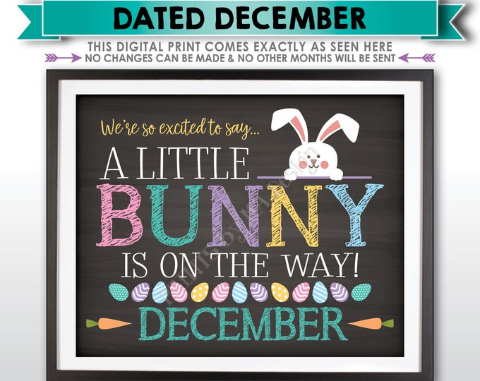 Easter Pregnancy Announcement, So Excited A Little Bunny is on the Way in DECEMBER dated PRINTABLE Chalkboard Style Baby Reveal Sign <ID>