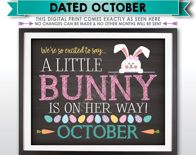 Easter Pregnancy Announcement Gender Reveal, Excited A Little Bunny Girl is on the Way in OCTOBER dated PRINTABLE Chalkboard Style Sign <ID>