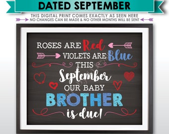 Valentine's Day Pregnancy Announcement Gender Reveal Sign, Our Baby Brother is Due in SEPTEMBER Dated Chalkboard Style PRINTABLE Sign <ID>