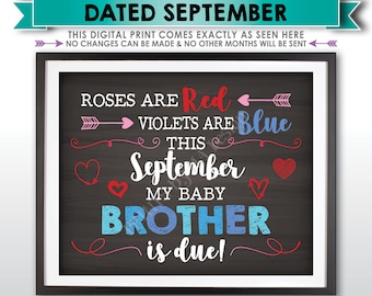 Valentine's Day Pregnancy Announcement Gender Reveal, Boy, My Baby Brother is Due in SEPTEMBER Dated Chalkboard Style PRINTABLE Sign <ID>