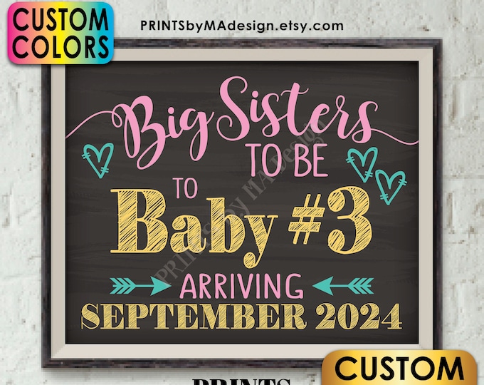 Baby #3 Pregnancy Announcement, Big Sisters to 3rd Baby Number 3 Photo Prop Third, Custom Colors PRINTABLE 8x10/16x20” Chalkboard Style Sign