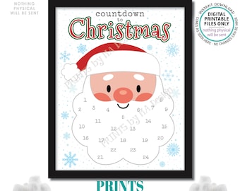 Christmas Countdown, Glue Cotton Balls on Santa's Beard Countdown Calendar, PRINTABLE 8.5x11” Xmas Santa Countdown Sign <ID>