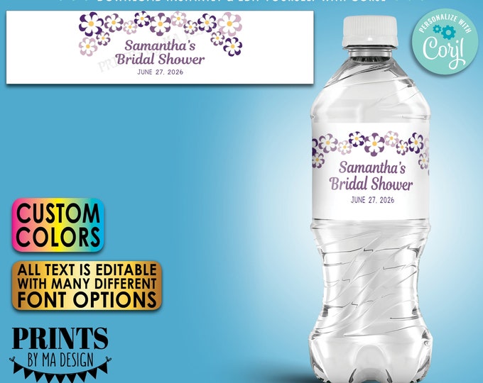 Bridal Shower Water Bottle Labels, Custom Color Flowers, Floral DIY PRINTABLE Bottled Water Labels on 8.5x11" Sheet <Edit Yourself w/Corjl>