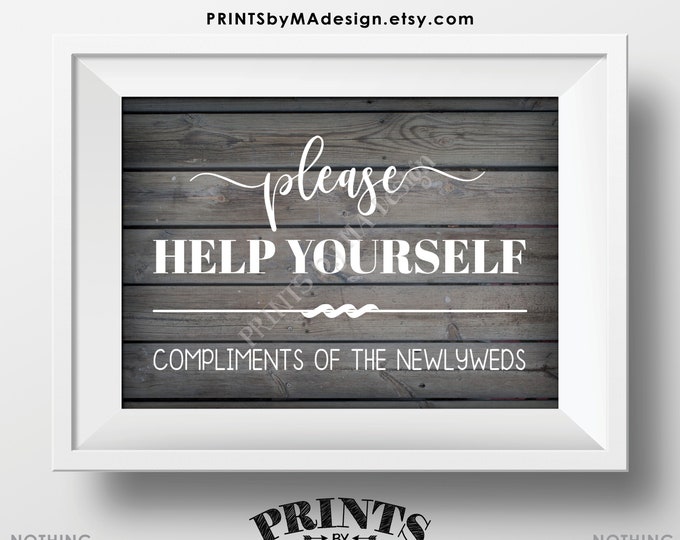 Please Help Yourself - Compliments of the Newlyweds, Restroom/Bathroom Basket Sign, PRINTABLE 5x7” Gray Rustic Wood Style Wedding Sign <ID>