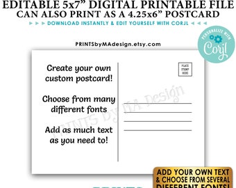 Editable Postcard Back Side of Postcard Backside, Add Your Own Text, Custom Digital Printable File, 5x7" or 4.25x6" <Edit Yourself w/Corjl>