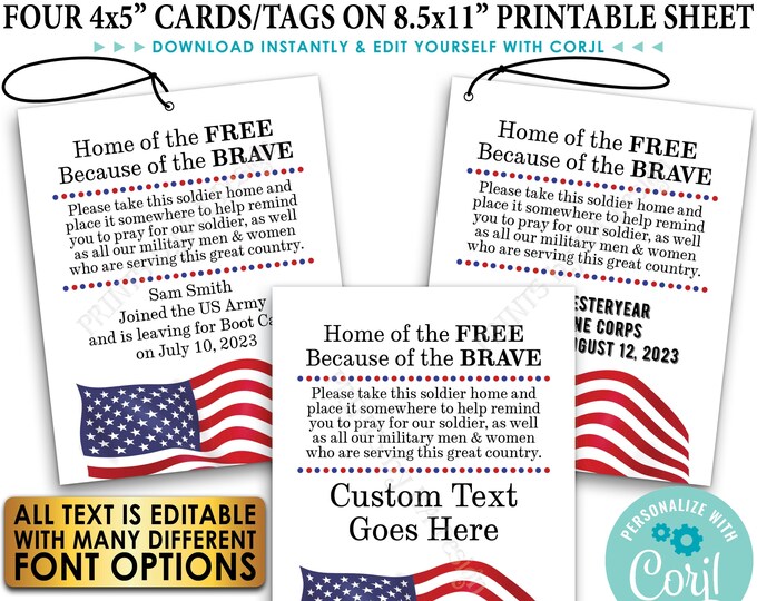 Please Pray for Our US Military Boot Camp Send-off, Take a Soldier, PRINTABLE 8.5x11" Sheet of 4x5" Tags/Cards <Edit Yourself w/Corjl>