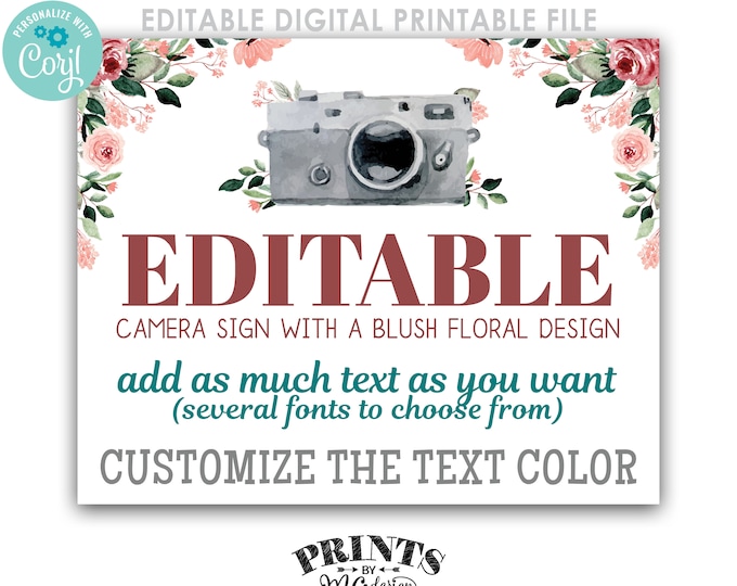 Editable Camera Sign with a Rose Gold Blush Floral Design, Custom PRINTABLE 16x20” Template, Choose Your Text <Edit Yourself w/Corjl>