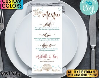 May include: A printable 4x9 inch menu template with a seashell and starfish design. The menu includes sections for salad, entree, dessert, and a space for the couple's names and wedding date. The text "#MichelleLovesTim" is included. The template is customizable with Corjl.