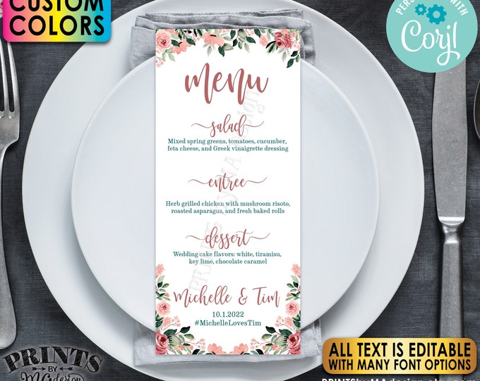 Custom Wedding Menu with a Floral Design, PRINTABLE 4x9” Editable Template, Rose Gold Blush Flowers <Edit Yourself w/Corjl>