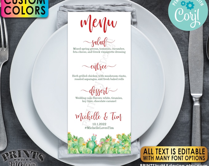 Custom Wedding Menu, Southwest Desert Cactus, PRINTABLE 4x9” Editable Menu Template <Edit Yourself w/Corjl>