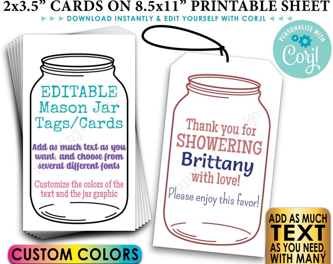 Editable Jar Tags/Cards, Bridal or Baby Shower Party Favors,  Take a Mason Jar, Choose Text, PRINTABLE 2x3.5" Cards <Edit Yourself w/Corjl>