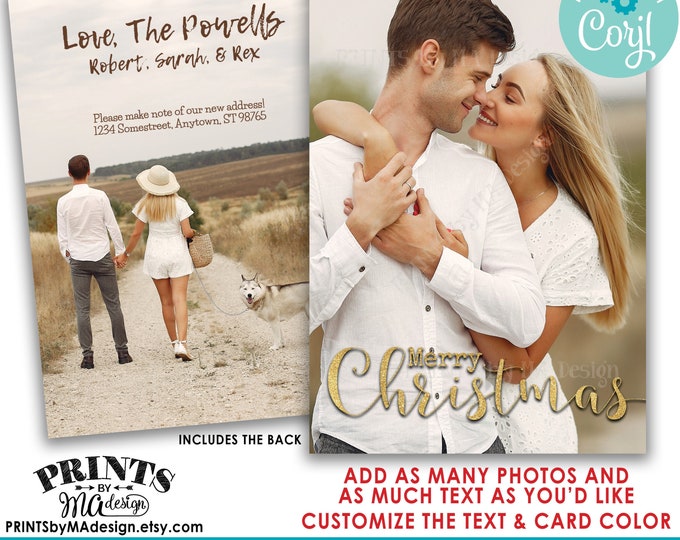 Custom Christmas Card with Photos, Gold Glitter Merry Christmas, Custom 2-sided PRINTABLE 5x7" X-mas Card <Edit Yourself with Corjl>