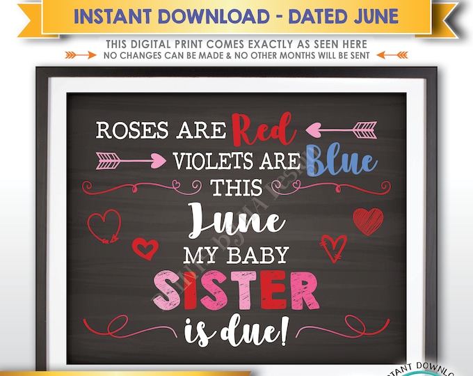 Valentine's Day Pregnancy Announcement Gender Reveal Sign, Girl, My Baby Sister is Due in JUNE Dated Chalkboard Style PRINTABLE Sign <ID>