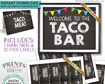Taco Bar Sign and Labels, Taco Buffet, Build Your Own Taco Station, Mexican Bar, Chalkboard Style PRINTABLE 8x10" Sign & 2x3.5" Labels <ID>