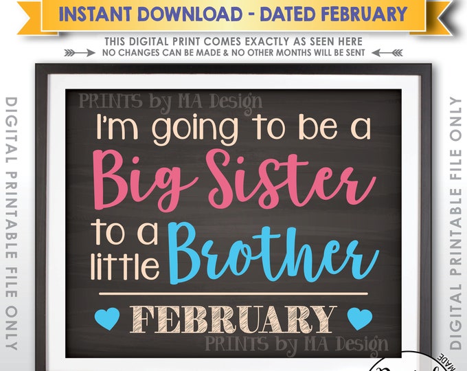 Baby #2 Pregnancy Announcement It's a Boy Gender Reveal Big Sister to Little Brother due FEBRUARY Dated Chalkboard Style PRINTABLE Sign <ID>