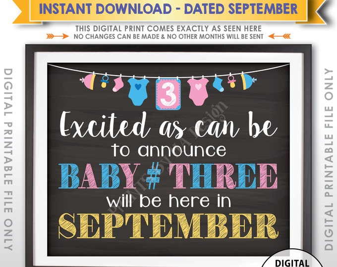 3rd Baby Pregnancy Announcement, Expecting Baby Number 3 is due in SEPTEMBER dated Chalkboard Style PRINTABLE Third Child Reveal Sign <ID>