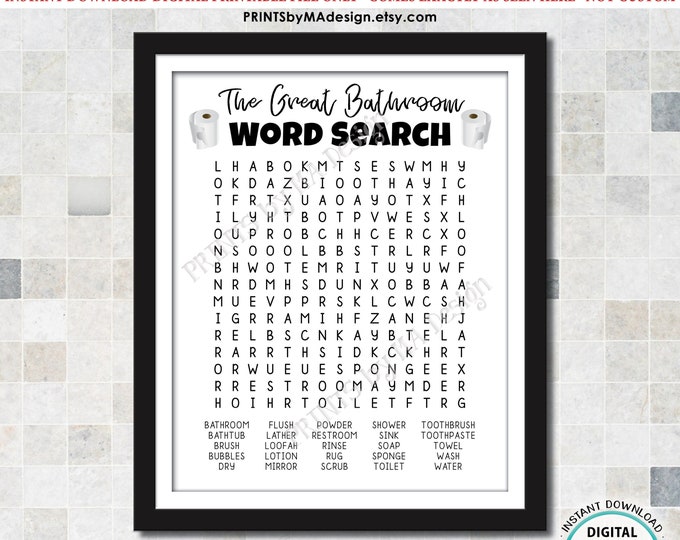 The Great Bathroom Word Search, Silly Housewarming Gift, Fun Bathroom Puzzle, Toilet Paper, Digital PRINTABLE File, 8x10" or 16x20" <ID>