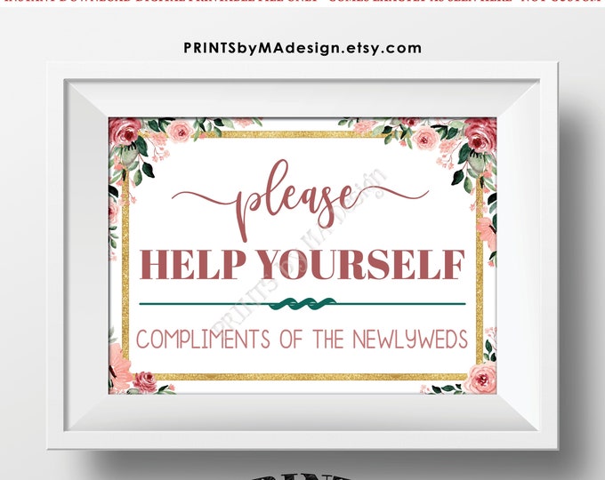 Please Help Yourself - Compliments of the Newlyweds, Restroom/Bathroom Basket Sign, PRINTABLE 5x7” Rose Gold Blush Floral Wedding Sign <ID>