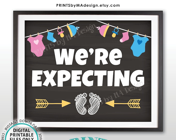 We're Expecting Sign, Pregnancy Announcement Photo Prop, Pink & Blue PRINTABLE 8x10/16x20” Chalkboard Style Baby Reveal Sign <ID>