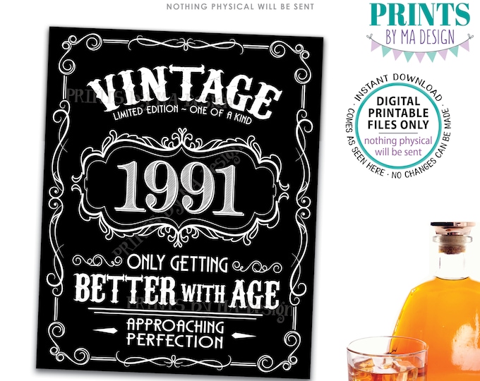 1991 Birthday Sign, Better with Age Vintage Birthday Poster, Whiskey/Liquor Theme, Black & White PRINTABLE 8x10/16x20” 1991 Sign <ID>