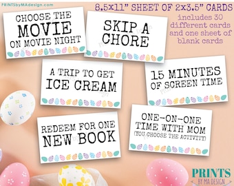 PRINTABLE Easter Egg Coupons, Easter Egg Fillers, Egg Hunt Candy Alternative, 2x3.5" cards on 8.5x11" Sheet <Instant Download>