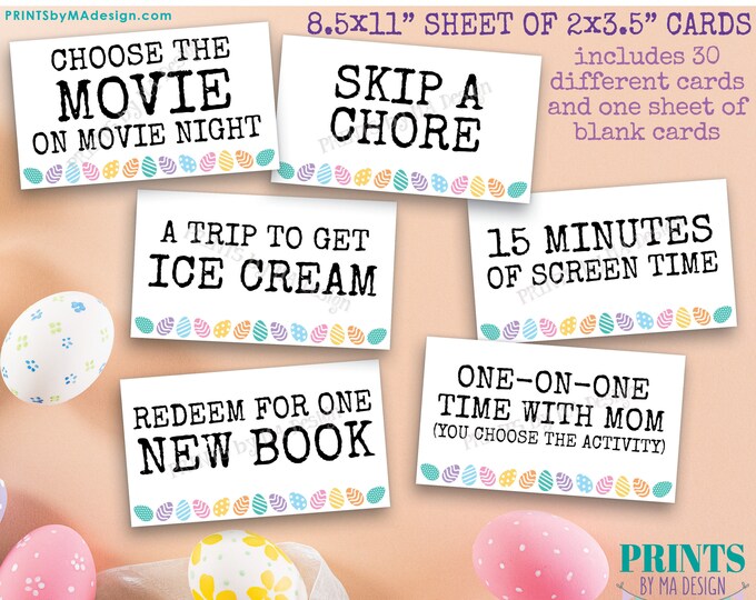 PRINTABLE Easter Egg Coupons, Easter Egg Fillers, Egg Hunt Candy Alternative, 2x3.5" cards on 8.5x11" Sheet <Instant Download>