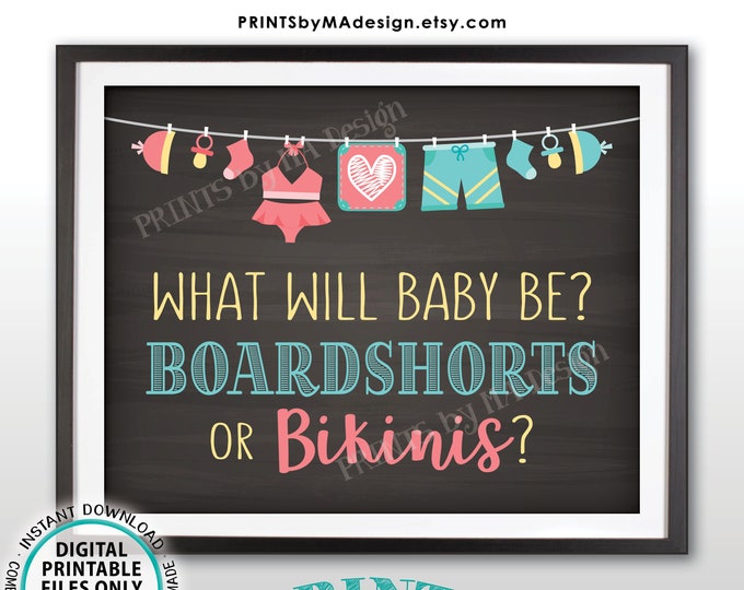 Boardshorts or Bikinis Gender Reveal Sign, Gender Reveal Decor, PRINTABLE 8x10/16x20” Chalkboard Style Gender Announcement <ID>