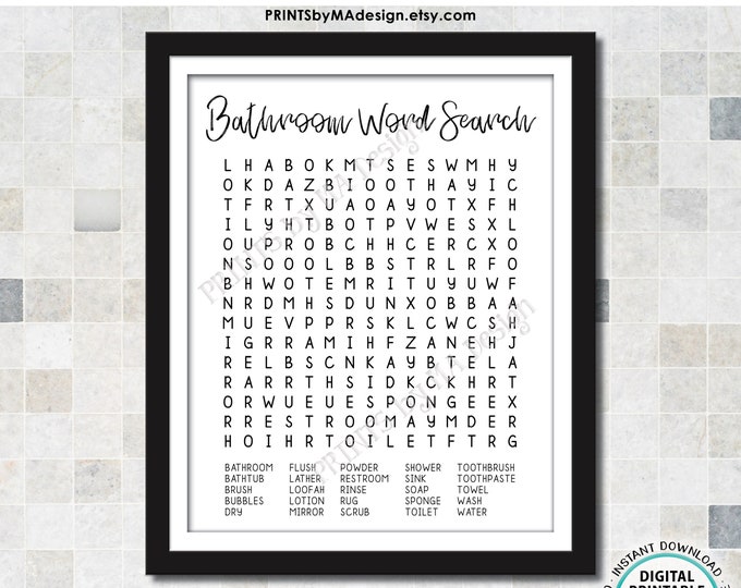 Bathroom Word Search, Fun Bathroom Puzzle Housewarming Gift, PRINTABLE 11x14" Sign <ID>