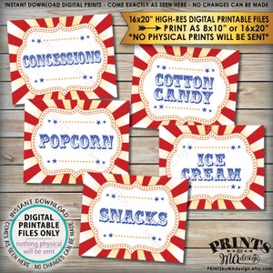 Carnival Food Signs, Food Carnival Theme Party, Snacks, Cotton Candy, Ice Cream, Circus Theme Party, PRINTABLE 8x10/16x20” Instant Downloads