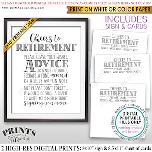 Retirement Party Decor, Cheers to Retirement Advice Wish Memory Well Wishes, Digital DRUCKBARE 20x10" Zeichen & 8,5x11" Blatt mit 3" Karten <ID>