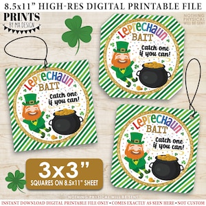 St. Patrick's Day Leprechaun Bait, Saint Patrick's Day Classroom Treat Gift Tags, zes vierkante 3x3" kaarten op AFDRUKBAAR 8,5x11" blad <ID>