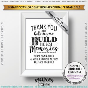 Sign a Block Sign, Thank You for Helping Me Build Memories, Graduation Party, Retirement, Birthday, Bon Voyage, PRINTABLE 5x7” Sign <ID>