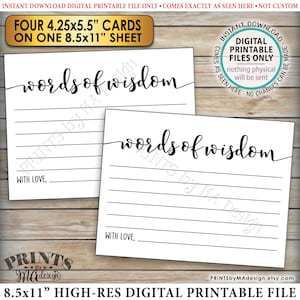 Tarjetas de palabras de sabiduría, consejos para la fiesta de jubilación, fiesta de graduación, cuatro tarjetas por hoja IMPRIMIBLE de 8,5x11" <ID>