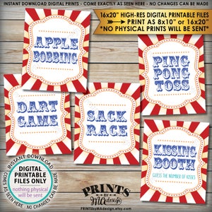 Carnival Games Signs, Carnival Theme Party, Kissing Apple Bobbing Sack Race Darts, PRINTABLE 8x10/16x20” Instant Download Circus Theme Party