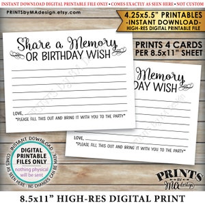 Deel een geheugenkaart, schrijf een herinnering of verjaardagswens Verjaardagsactiviteit, breng naar feest, vier kaarten van 4,25 x 5,5 inch per afdrukbaar vel van 8,5 x 11 inch <ID>