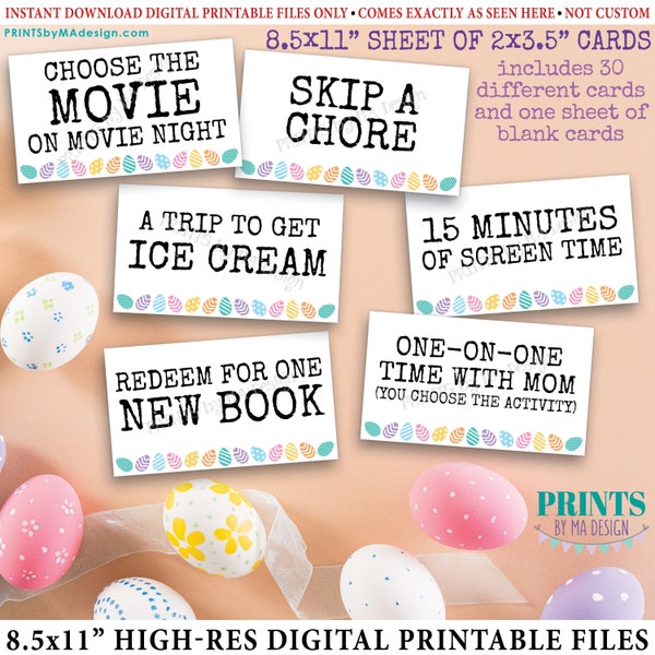 PRINTABLE Easter Egg Coupons, Easter Egg Fillers, Egg Hunt Candy Alternative, 2x3.5" cards on 8.5x11" Sheet <Instant Download>