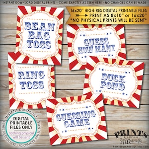 May include: Five printable carnival game signs with red and white striped backgrounds. The signs feature blue text with the names of the games: Bean Bag Toss, Ring Toss, Guess How Many, Guessing Game, and Duck Pond.
