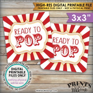 Klaar om pop baby shower labels kaarten tags, circus thema popcorn carnaval baby shower decor, 3x3" kaarten op 8,5x11" afdrukbaar blad <ID>