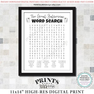 Peut inclure: Un téléchargement numérique imprimable en noir et blanc de 11x14 pouces d'un mot croisé sur le thème de la salle de bain. Le puzzle présente les mots "The Great Bathroom Word Search" en haut et une liste de mots liés à la salle de bain en bas.