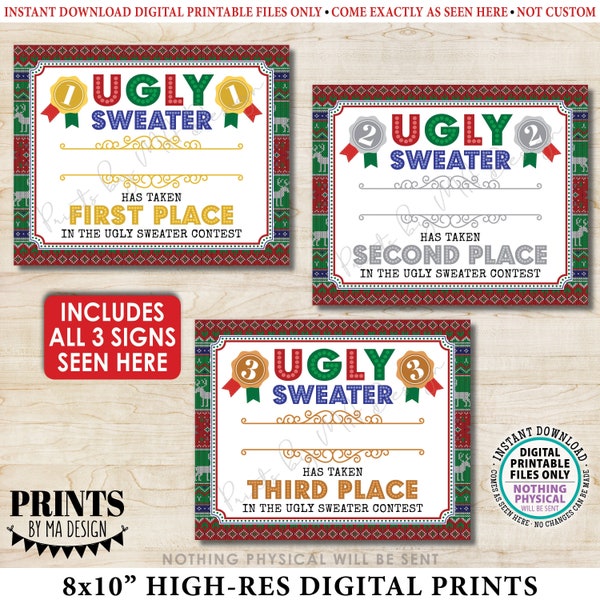 Ugly Sweater Awards, 1st 2nd 3rd Place Ugliest Christmas Sweater Party, Holiday Party, Three PRINTABLE 8x10" Awards, Instant Download <ID>