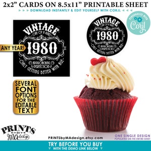 Vintage Geburtstagsschild, besser mit Alter, Schnaps Thema B-Day Gefälligkeiten, Cupcake Topper, Candy Geschenk, jedes Jahr, DRUCKBARE 8,5x11" Blatt mit 2" Karten