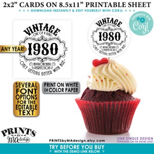 Vintage Geburtstag besser mit Alter, jedes Jahr B-day Cupcake Topper, 2" Karten, digitale DRUCKBARE 8,5 x 11" Datei <Bearbeiten Sie sich mit Corjl>