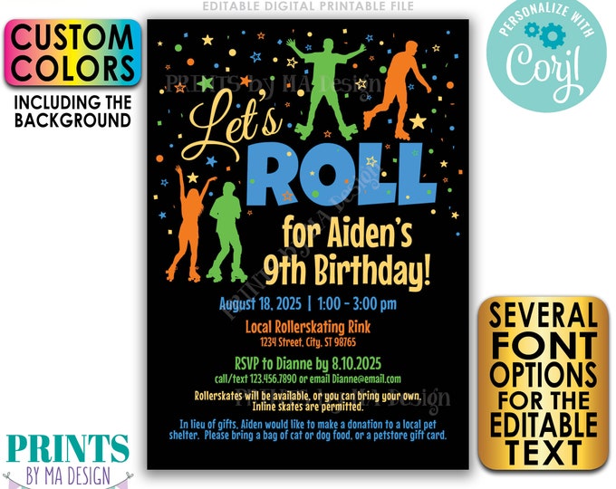 SALE! Roller Skating Birthday Invitation, Editable Invite, Inline Skate Party, Custom PRINTABLE 5x7" Digital File <Edit Yourself w/Corjl>