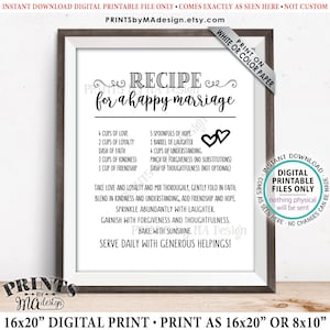 Recipe for a Happy Marriage Sign, Bridal Shower Gift, Key to a Happy Marriage, Wedding Advice for Couple, PRINTABLE 8x10/16x20” Sign <ID>