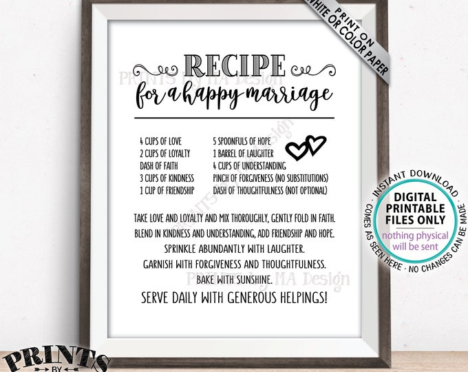 Recipe for a Happy Marriage Sign, Bridal Shower Gift, Key to a Happy Marriage, Wedding Advice for Couple, PRINTABLE 8x10/16x20” Sign <ID>